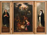 three paintings of the nativity of jesus and mary in a manger