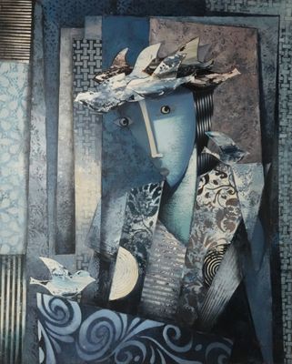 un tableau représentant un homme coiffé d'un chapeau et d'un oiseau sur la tête