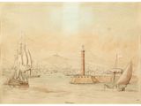 an image of a painting of ships in a body of water with a lighthouse in the background