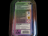a plastic container with a label on it on a table