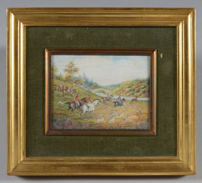 peinture à l'huile encadrée représentant des chevaux et des chiens de chasse dans un paysage