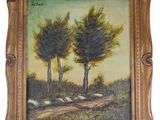 an oil painting of three trees in a field with a dirt road
