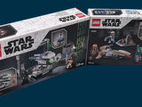two boxes of lego star wars sets on a blue background