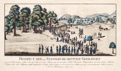 an old drawing of a group of people standing in a field
