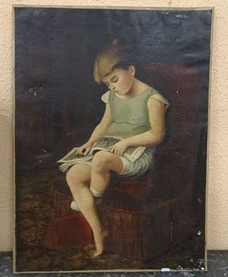 tableau représentant un jeune garçon assis sur un tabouret en train de lire un livre
