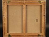 a close up of a wooden easel with a painting on it
