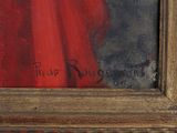 an oil painting of a woman in a red dress holding a red umbrella