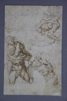two studies of a man and a woman, one holding a baby