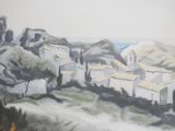a picture of a painting of a village on a hill