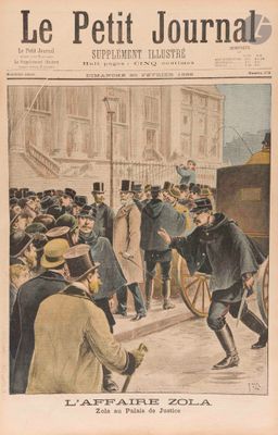 an old french newspaper with a drawing of a crowd of people in front of a building