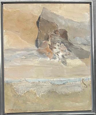 a picture of a painting of a dog on the beach