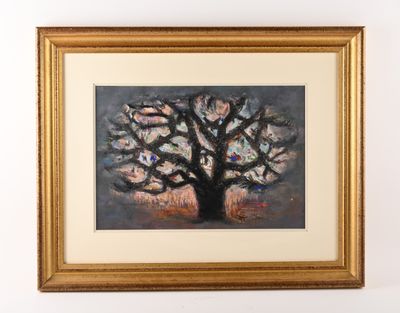 painting of a tree in a gold frame on a white wall