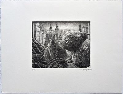 un dessin représentant une photo en noir et blanc d'une ville