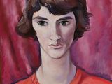 painting of a woman in an orange shirt with a red background