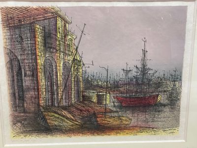 dessin représentant un tableau montrant des bateaux dans un port, avec un bâtiment en arrière-plan