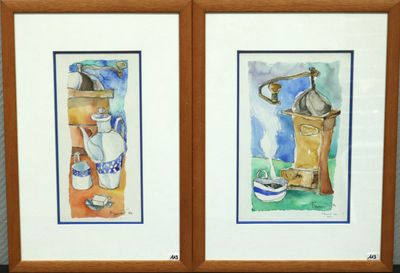 deux aquarelles représentant une cafetière et une tasse posées sur une table