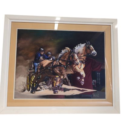 tableau représentant un groupe de chevaux tirant une calèche dans laquelle se trouve un homme