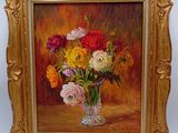 une peinture à l'huile représentant un vase de fleurs sur une table