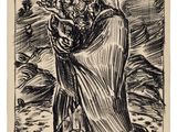 a black and white drawing of a man holding a child