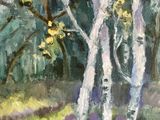 an oil painting of some trees in a field with yellow flowers
