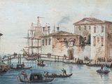 a painting of a canal with boats and people on it