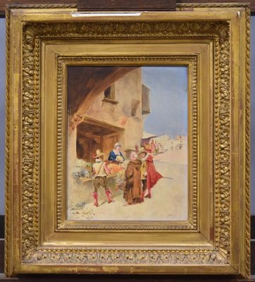 an image of a painting of a group of people outside a building