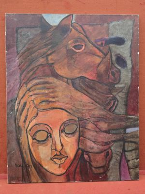une peinture représentant une femme et un cheval sur un mur rouge