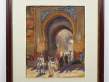an oil painting of a group of people riding horses in front of a building