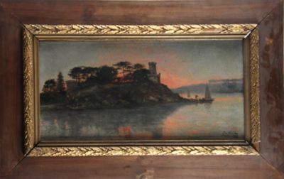 une image d'une photo d'un tableau représentant un château sur une colline