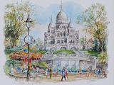 a watercolor painting of a large building in a park