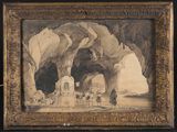 une vieille photo représentant un tableau d'une grotte avec des personnes à l'intérieur