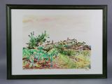 framed watercolor painting of a landscape with trees and a house