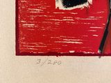 an image of a red and black painting on a white wall