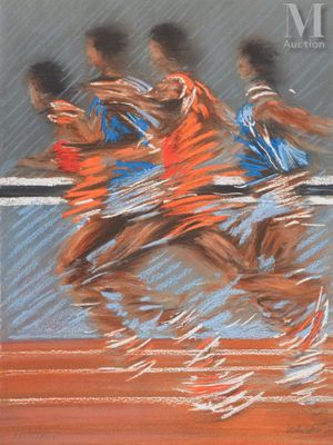 tableau représentant un groupe d'hommes courant sur une piste, en plein mouvement