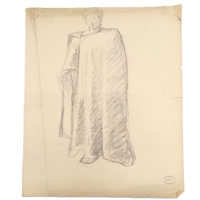 un vieux dessin représentant un homme vêtu d'une cape et d'un chapeau