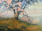 an oil painting of a tree on a hill with a sky background