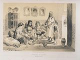 a drawing of a group of people in a living room