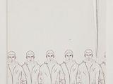 drawing of a group of men standing in a line in front of a white wall