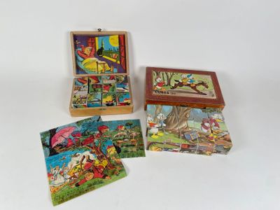 trois petits puzzles en bois sont posés sur une surface blanche