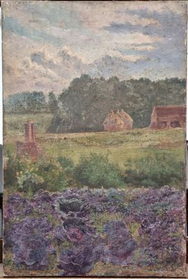 an oil painting of a field of purple flowers with a house in the background