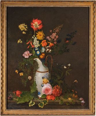 tableau représentant un vase de fleurs posé sur une table, avec un papillon