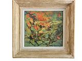 tableau représentant un oiseau dans un arbre, aux tons orange et jaunes