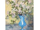 un tableau représentant un vase bleu contenant des fleurs