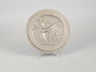 an image of a silver plate with a woman and a bird on it