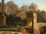 an oil painting of a group of people riding horses in front of a castle