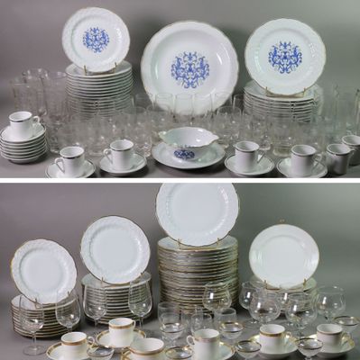 two pictures of a table full of plates and glasses