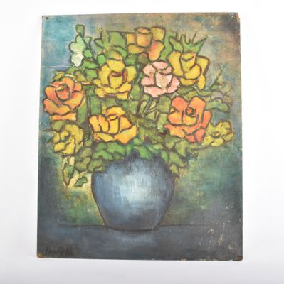 une peinture de fleurs dans un vase bleu sur une table