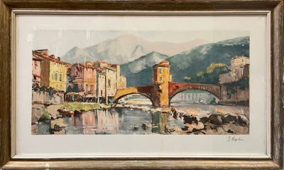 l'image d'une peinture représentant un pont au-dessus d'une étendue d'eau