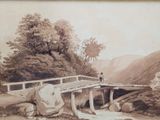 a painting of a man standing on a bridge over a stream