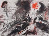 un dessin en noir et blanc représentant une fleur rouge sur une feuille de papier